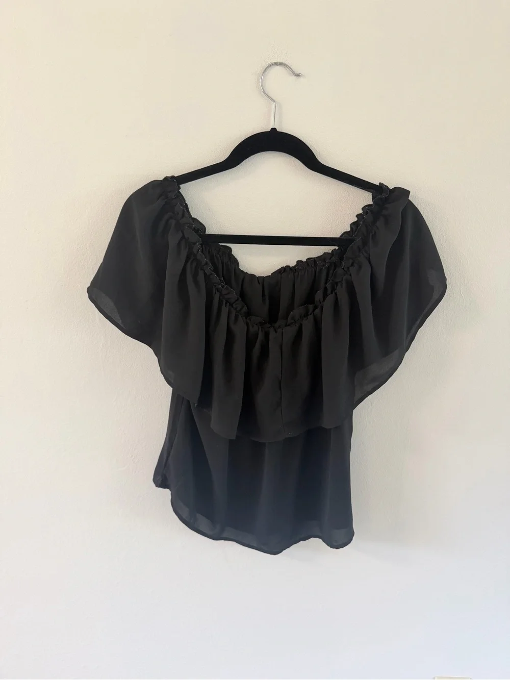 SHEIN Black Off-Shoulder Ruffle Tie-Front Blouse